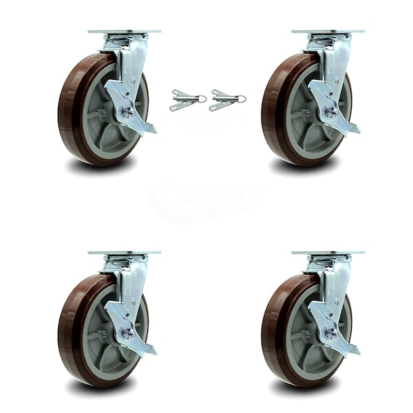 Service Caster 8 Inch Polyurethane Caster Set with Roller Bearings 4 Brake 2 Swivel Lock SCC SCC-30CS820-PPUR-TLB-BSL-2-TLB-2 - main